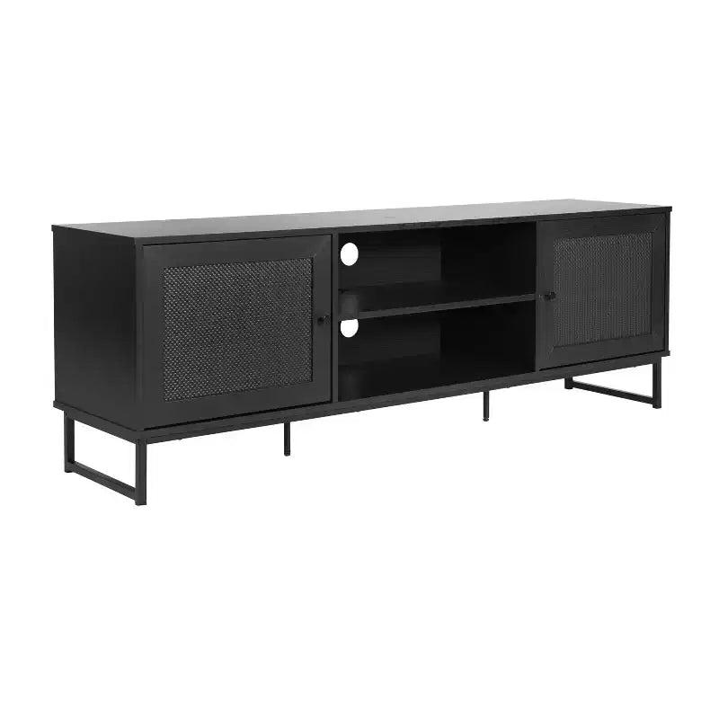 Flash Furniture Malaki Meuble TV moderne du milieu du siècle de 65 pouces avec 2 portes en rotin à fermeture douce et étagère centrale fixe, meuble TV pour téléviseurs jusqu'à 70 pouces