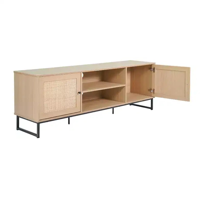 Flash Furniture Malaki Meuble TV moderne du milieu du siècle de 65 pouces avec 2 portes en rotin à fermeture douce et étagère centrale fixe, meuble TV pour téléviseurs jusqu'à 70 pouces