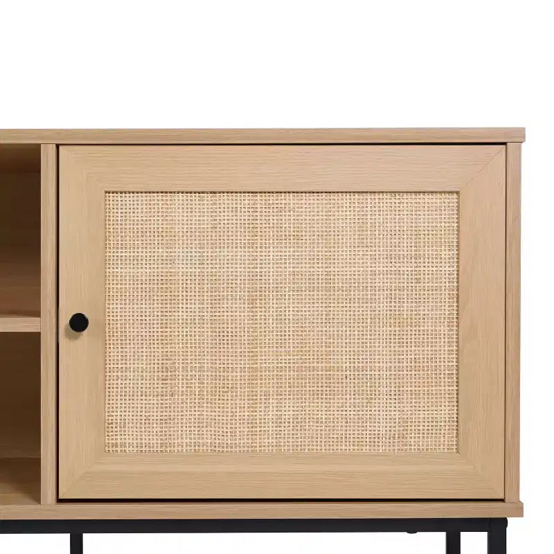 Flash Furniture Malaki Meuble TV moderne du milieu du siècle de 65 pouces avec 2 portes en rotin à fermeture douce et étagère centrale fixe, meuble TV pour téléviseurs jusqu'à 70 pouces