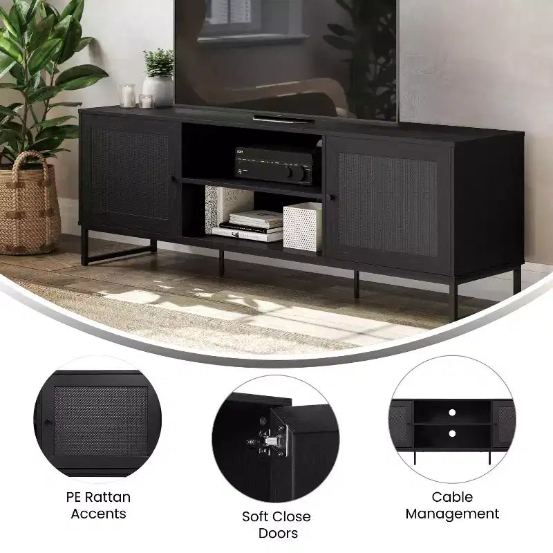 Flash Furniture Malaki Meuble TV moderne du milieu du siècle de 65 pouces avec 2 portes en rotin à fermeture douce et étagère centrale fixe, meuble TV pour téléviseurs jusqu'à 70 pouces