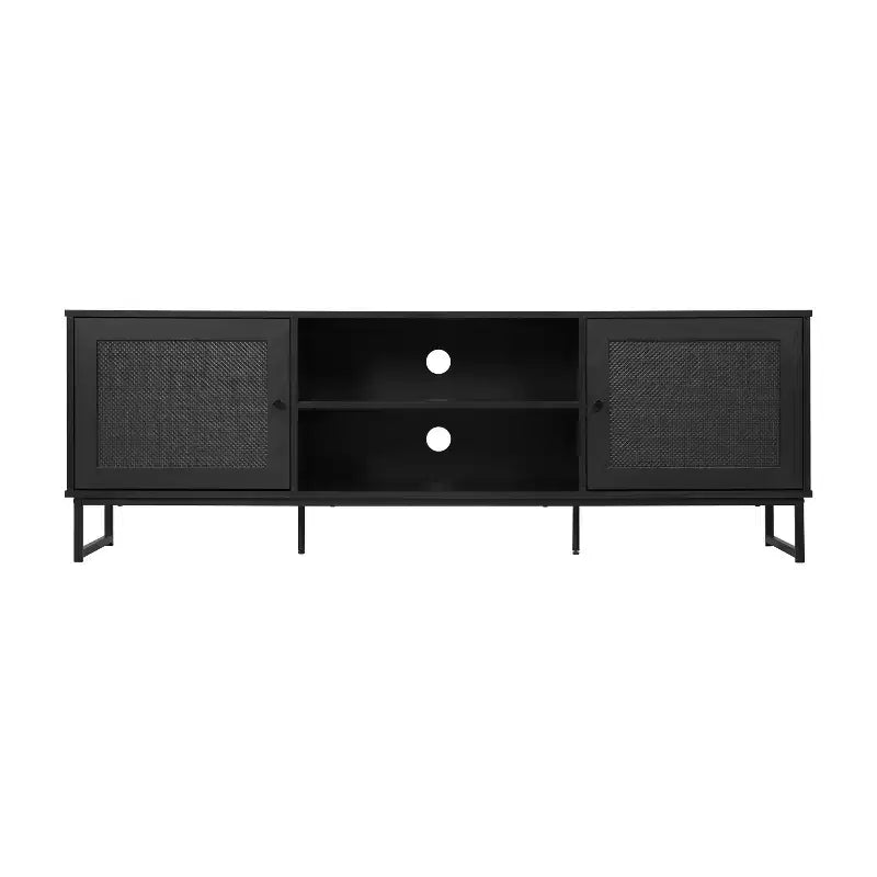 Flash Furniture Malaki Meuble TV moderne du milieu du siècle de 65 pouces avec 2 portes en rotin à fermeture douce et étagère centrale fixe, meuble TV pour téléviseurs jusqu'à 70 pouces