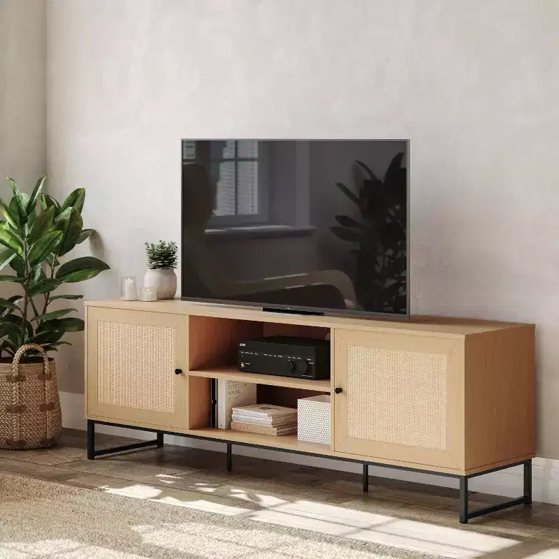 Flash Furniture Malaki Meuble TV moderne du milieu du siècle de 65 pouces avec 2 portes en rotin à fermeture douce et étagère centrale fixe, meuble TV pour téléviseurs jusqu'à 70 pouces