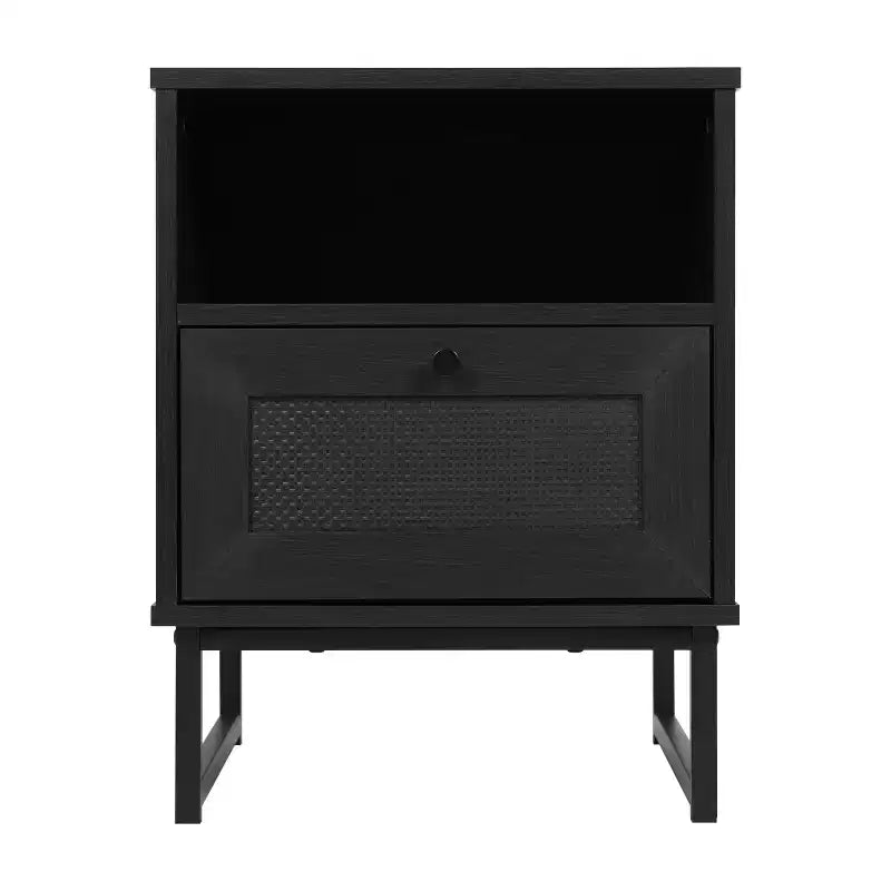 Flash Furniture Malaki – Table de chevet ou table d'appoint moderne du milieu du siècle avec tiroir accentué en rotin, étagère supérieure ouverte et pieds en métal