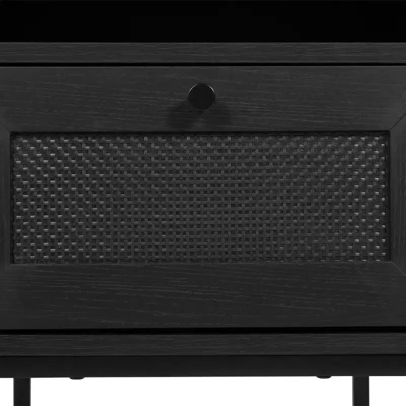 Flash Furniture Malaki – Table de chevet ou table d'appoint moderne du milieu du siècle avec tiroir accentué en rotin, étagère supérieure ouverte et pieds en métal