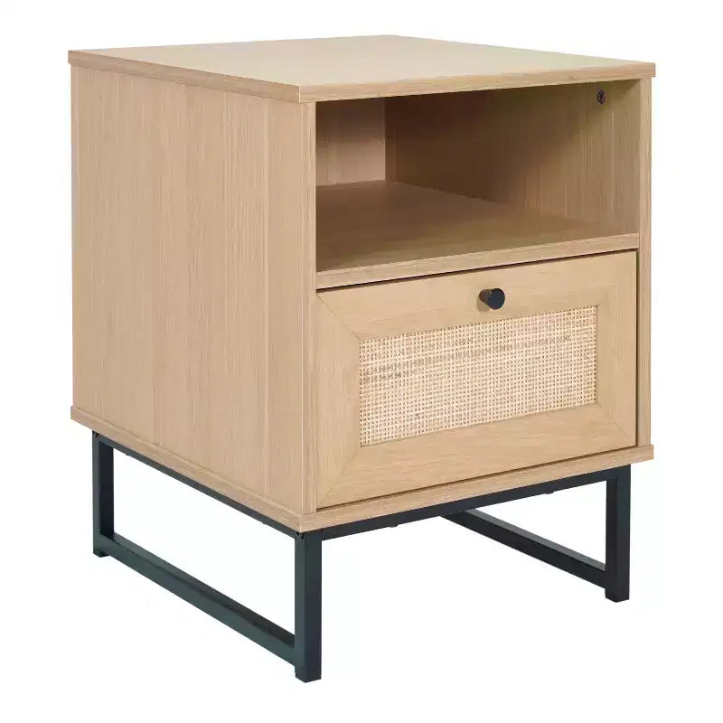 Flash Furniture Malaki – Table de chevet ou table d'appoint moderne du milieu du siècle avec tiroir accentué en rotin, étagère supérieure ouverte et pieds en métal