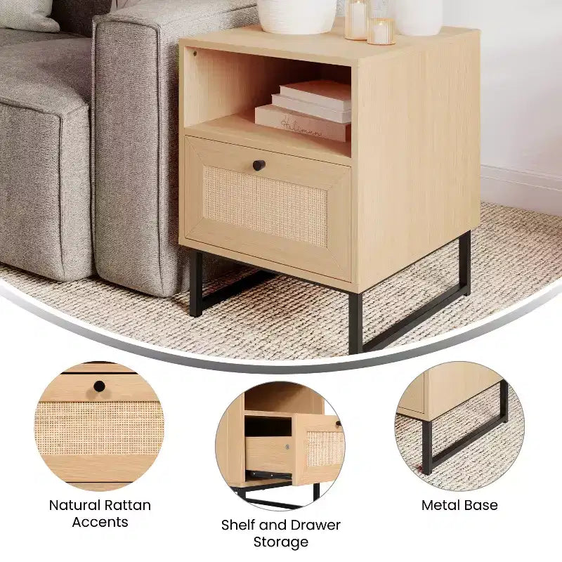 Flash Furniture Malaki – Table de chevet ou table d'appoint moderne du milieu du siècle avec tiroir accentué en rotin, étagère supérieure ouverte et pieds en métal