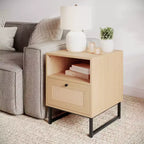Flash Furniture Malaki – Table de chevet ou table d'appoint moderne du milieu du siècle avec tiroir accentué en rotin, étagère supérieure ouverte et pieds en métal