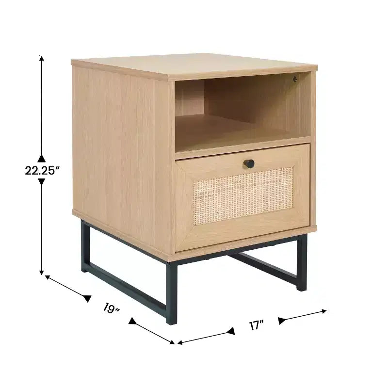 Flash Furniture Malaki – Table de chevet ou table d'appoint moderne du milieu du siècle avec tiroir accentué en rotin, étagère supérieure ouverte et pieds en métal