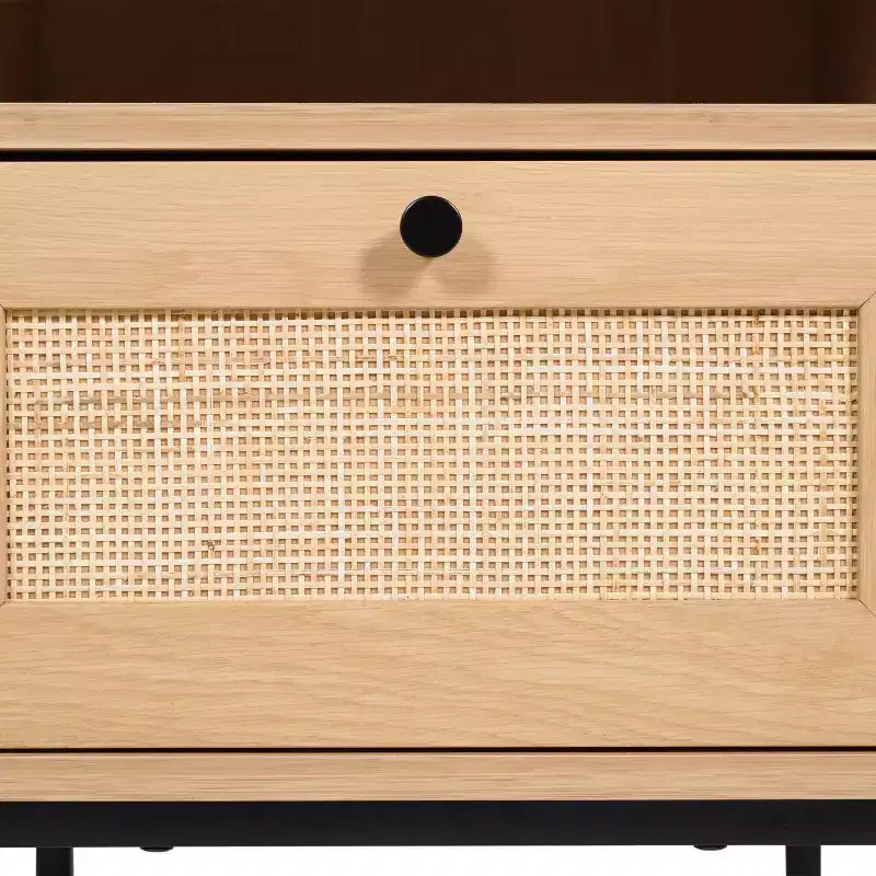 Flash Furniture Malaki – Table de chevet ou table d'appoint moderne du milieu du siècle avec tiroir accentué en rotin, étagère supérieure ouverte et pieds en métal