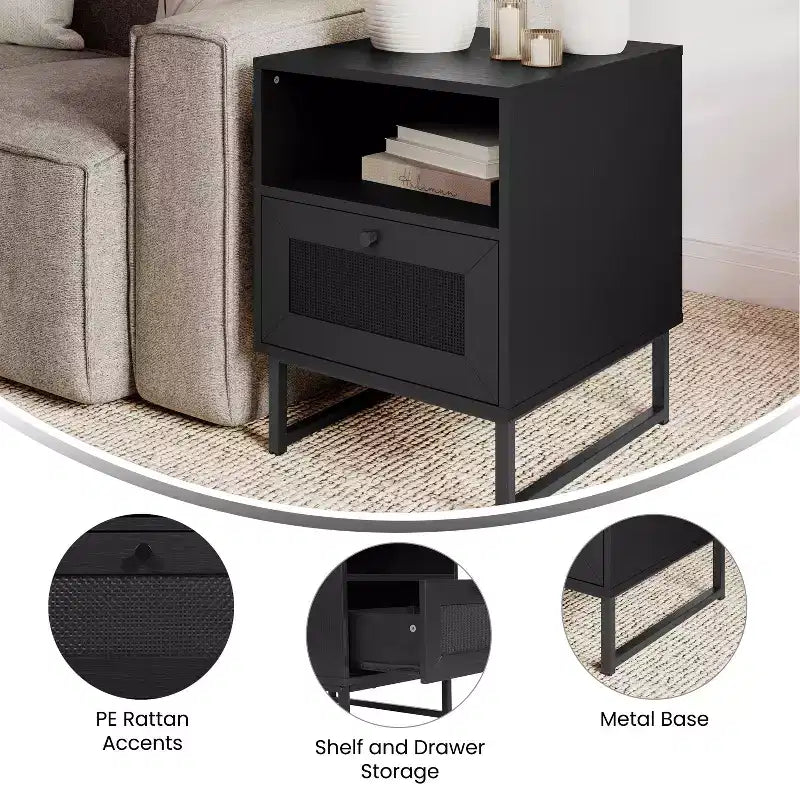 Flash Furniture Malaki – Table de chevet ou table d'appoint moderne du milieu du siècle avec tiroir accentué en rotin, étagère supérieure ouverte et pieds en métal