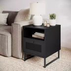 Flash Furniture Malaki – Table de chevet ou table d'appoint moderne du milieu du siècle avec tiroir accentué en rotin, étagère supérieure ouverte et pieds en métal