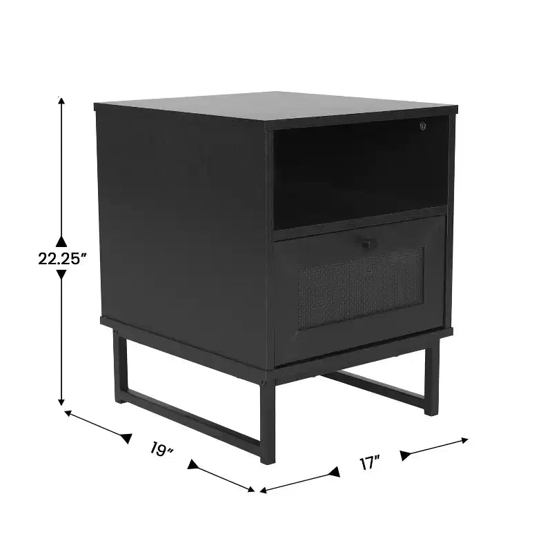 Flash Furniture Malaki – Table de chevet ou table d'appoint moderne du milieu du siècle avec tiroir accentué en rotin, étagère supérieure ouverte et pieds en métal