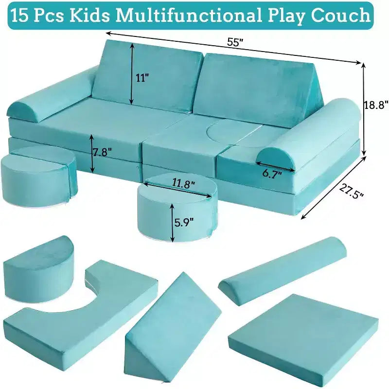 Canapé de jeu modulaire Acekool pour enfants - Ensemble de 15 pièces avec housses en velours doux, formes reconfigurables pour salles de jeux et divertissement intérieur (bleu)