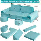 Canapé de jeu modulaire Acekool pour enfants - Ensemble de 15 pièces avec housses en velours doux, formes reconfigurables pour salles de jeux et divertissement intérieur (bleu)