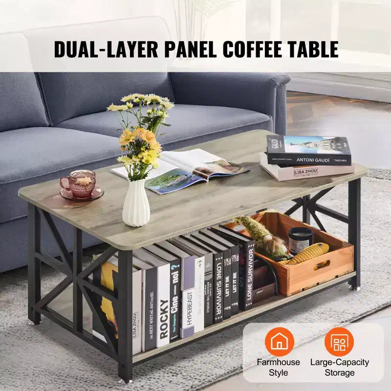 Table basse de ferme VEVOR 40, table basse rectangulaire avec compartiment de rangement ouvert, table basse rustique en bois, marron et noir
