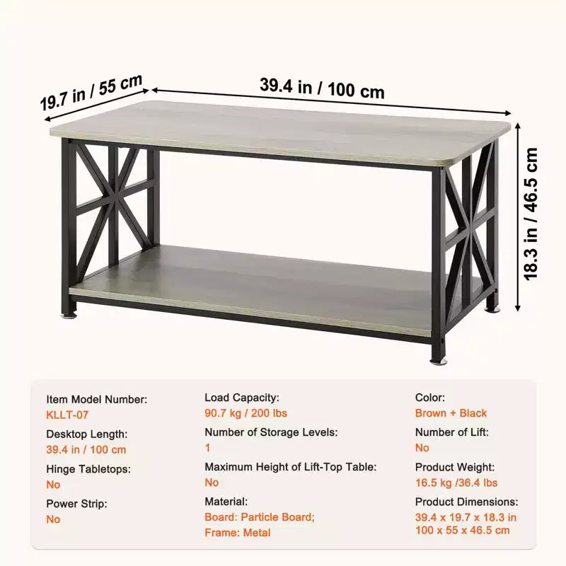 Table basse de ferme VEVOR 40, table basse rectangulaire avec compartiment de rangement ouvert, table basse rustique en bois, marron et noir