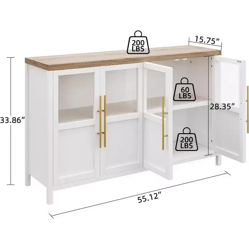 Acekool 55 Meuble de rangement de ferme, Buffet 4 portes vitrées avec étagères, Organisateur de cuisine et salle à manger mince, Blanc éclatant