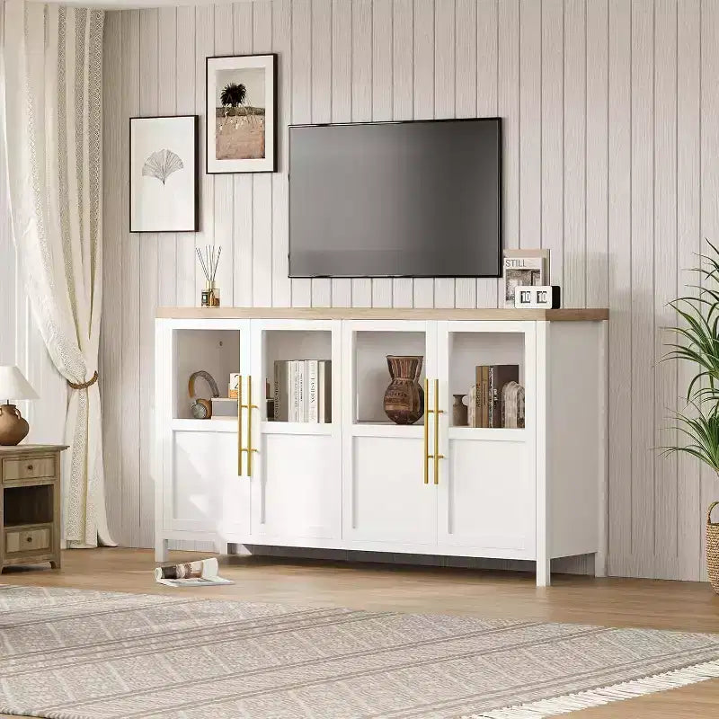 Acekool 55 Meuble de rangement de ferme, Buffet 4 portes vitrées avec étagères, Organisateur de cuisine et salle à manger mince, Blanc éclatant