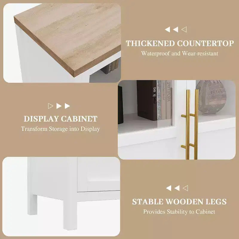 Acekool 55 Meuble de rangement de ferme, Buffet 4 portes vitrées avec étagères, Organisateur de cuisine et salle à manger mince, Blanc éclatant