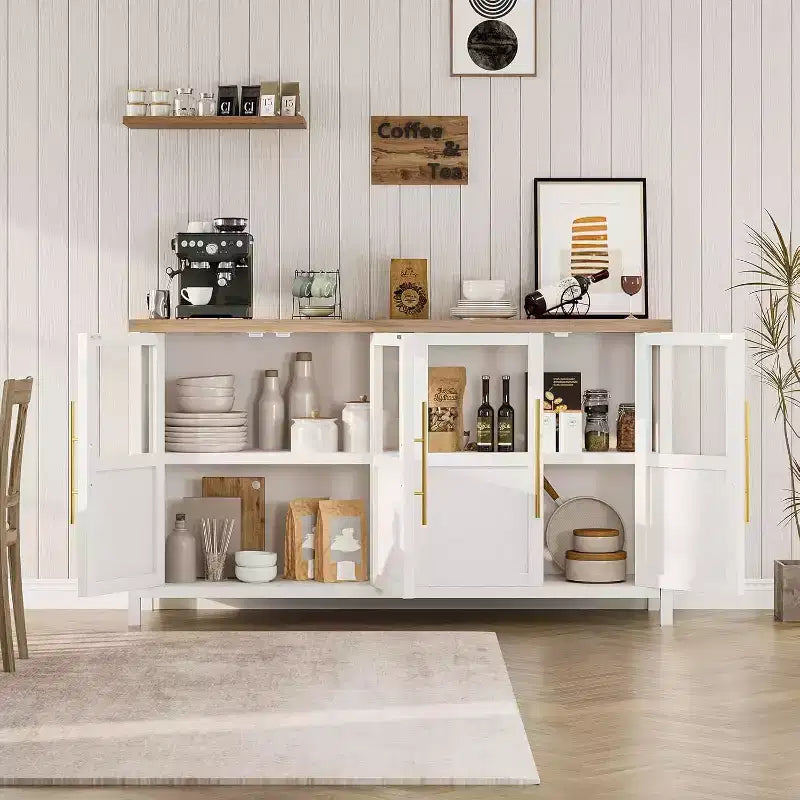 Acekool 55 Meuble de rangement de ferme, Buffet 4 portes vitrées avec étagères, Organisateur de cuisine et salle à manger mince, Blanc éclatant