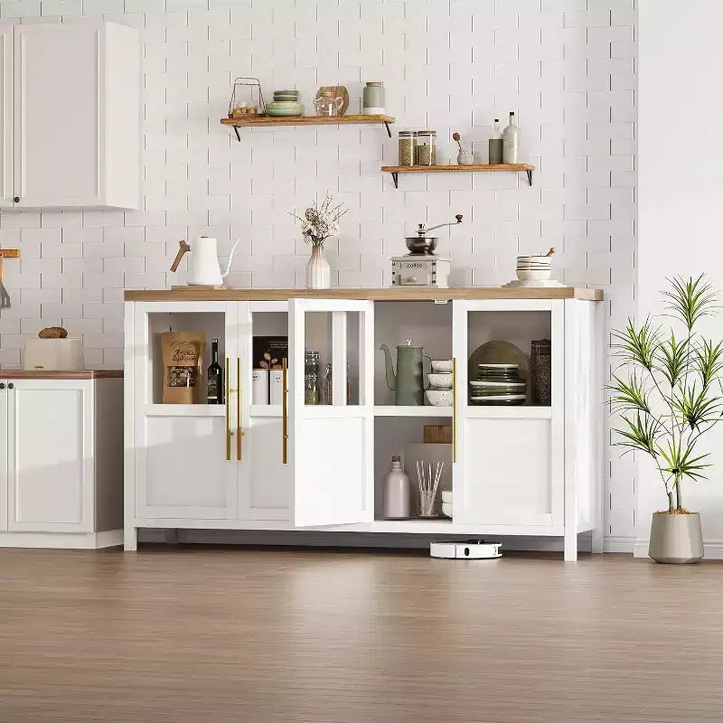 Acekool 55 Meuble de rangement de ferme, Buffet 4 portes vitrées avec étagères, Organisateur de cuisine et salle à manger mince, Blanc éclatant