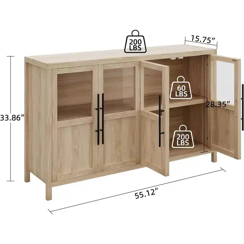 Acekool 55 Meuble de rangement de ferme, Buffet 4 portes vitrées avec étagères, Organisateur de cuisine et salle à manger mince, Blanc éclatant