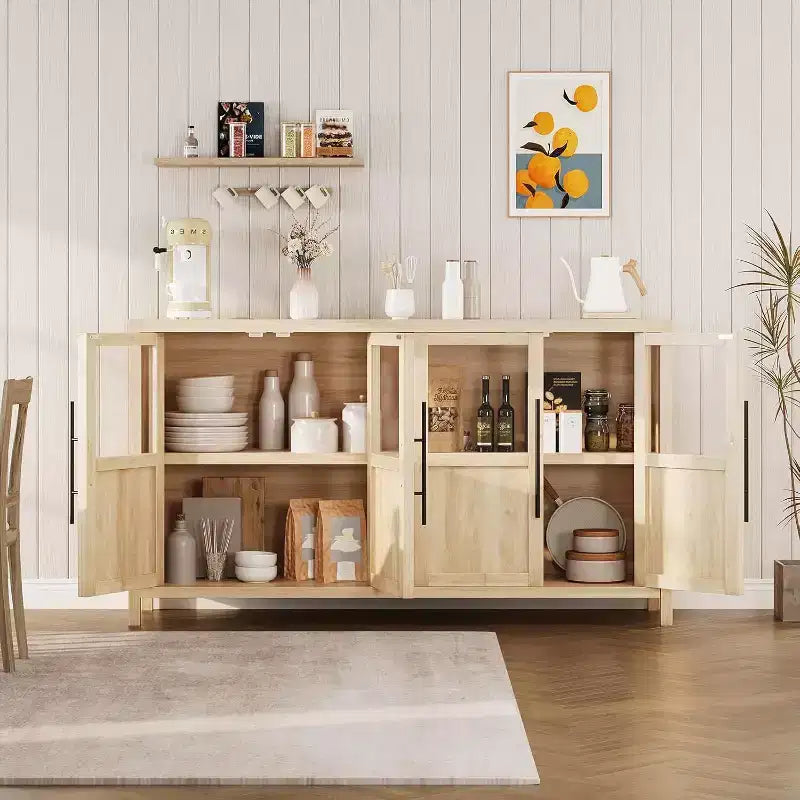 Acekool 55 Meuble de rangement de ferme, Buffet 4 portes vitrées avec étagères, Organisateur de cuisine et salle à manger mince, Blanc éclatant