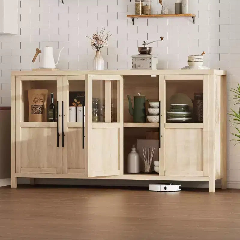 Acekool 55 Meuble de rangement de ferme, Buffet 4 portes vitrées avec étagères, Organisateur de cuisine et salle à manger mince, Blanc éclatant