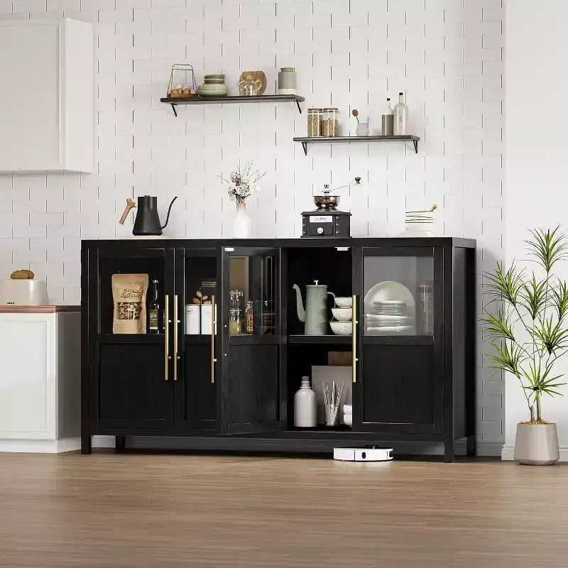 Acekool 55 Meuble de rangement de ferme, Buffet 4 portes vitrées avec étagères, Organisateur de cuisine et salle à manger mince, Blanc éclatant