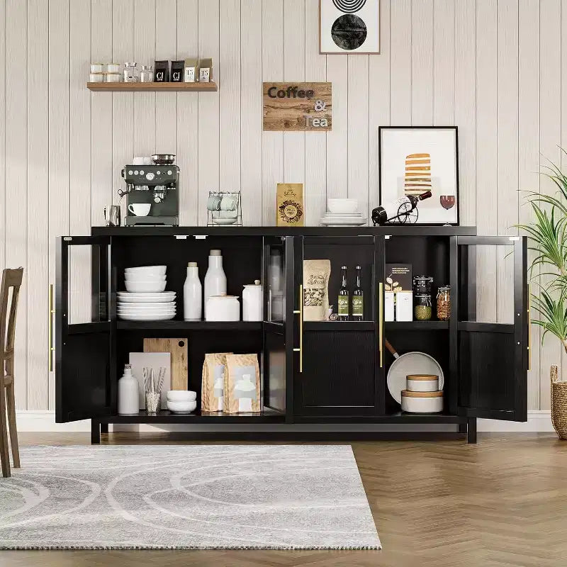 Acekool 55 Meuble de rangement de ferme, Buffet 4 portes vitrées avec étagères, Organisateur de cuisine et salle à manger mince, Blanc éclatant