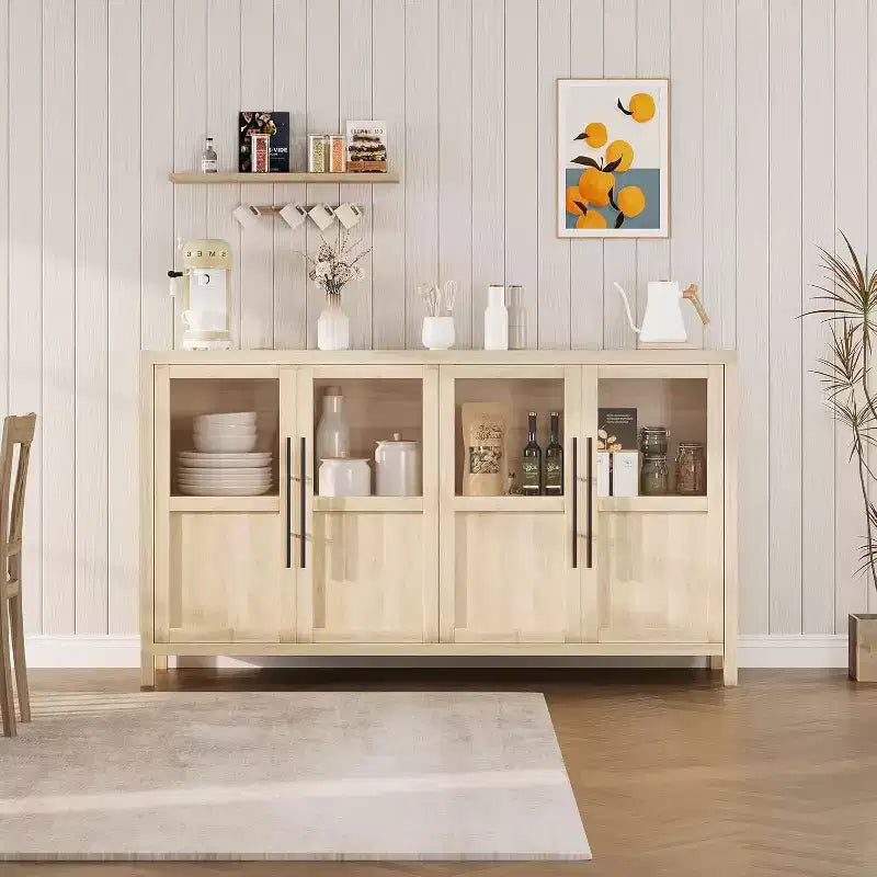 Acekool 55 Meuble de rangement de ferme, Buffet 4 portes vitrées avec étagères, Organisateur de cuisine et salle à manger mince, Blanc éclatant