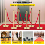 VEVOR Ensemble de gestion de foule argenté 6 pièces, poteaux en acier inoxydable avec corde rétractable rouge, hauteur 38 pouces, convient pour l'intérieur et l'extérieur, doré