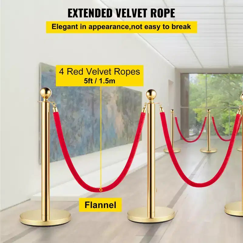 VEVOR Ensemble de gestion de foule argenté 6 pièces, poteaux en acier inoxydable avec corde rétractable rouge, hauteur 38 pouces, convient pour l'intérieur et l'extérieur, doré
