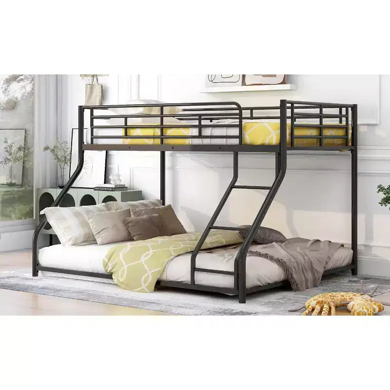 Okak Twin XL sur lit superposé en métal Queen avec échelle et rail de sécurité pour enfants et adolescents, montage facile, noir
