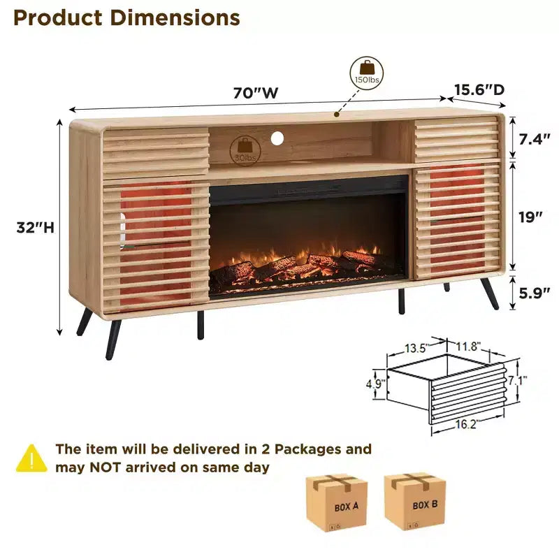 Meuble TV cheminée SinCiDo 70, pour téléviseur de 80 pouces, avec cheminée électrique de 36 pouces, télécommande, flammes 3D et lumières LED, portes coulissantes à lattes, tiroirs