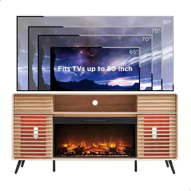 Meuble TV cheminée SinCiDo 70, pour téléviseur de 80 pouces, avec cheminée électrique de 36 pouces, télécommande, flammes 3D et lumières LED, portes coulissantes à lattes, tiroirs