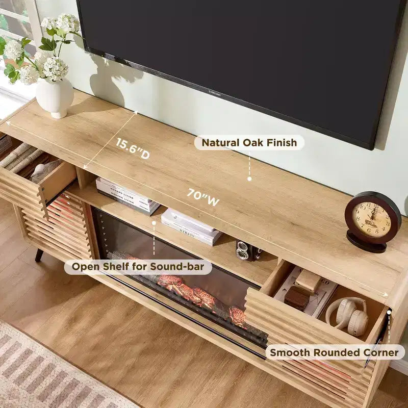 Meuble TV cheminée SinCiDo 70, pour téléviseur de 80 pouces, avec cheminée électrique de 36 pouces, télécommande, flammes 3D et lumières LED, portes coulissantes à lattes, tiroirs