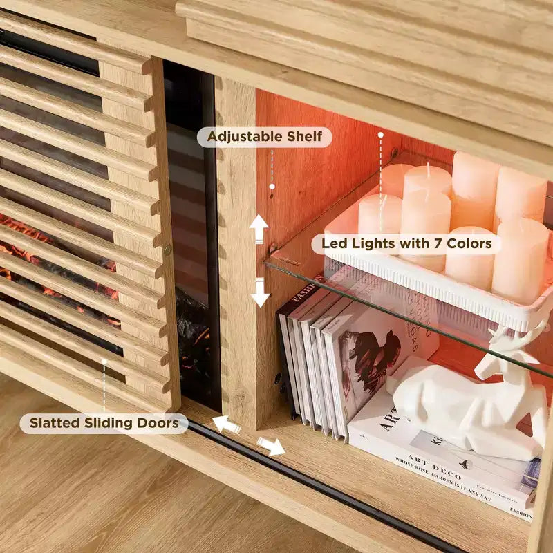 Meuble TV cheminée SinCiDo 70, pour téléviseur de 80 pouces, avec cheminée électrique de 36 pouces, télécommande, flammes 3D et lumières LED, portes coulissantes à lattes, tiroirs