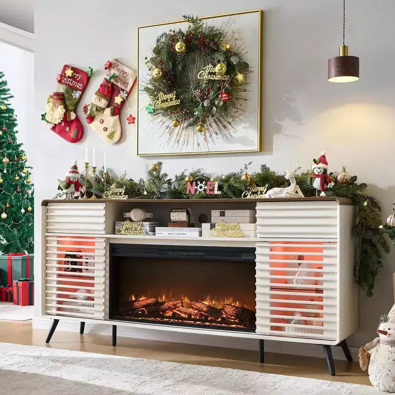 Meuble TV cheminée SinCiDo 70, pour téléviseur de 80 pouces, avec cheminée électrique de 36 pouces, télécommande, flammes 3D et lumières LED, portes coulissantes à lattes, tiroirs