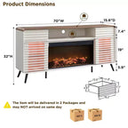 Meuble TV cheminée SinCiDo 70, pour téléviseur de 80 pouces, avec cheminée électrique de 36 pouces, télécommande, flammes 3D et lumières LED, portes coulissantes à lattes, tiroirs