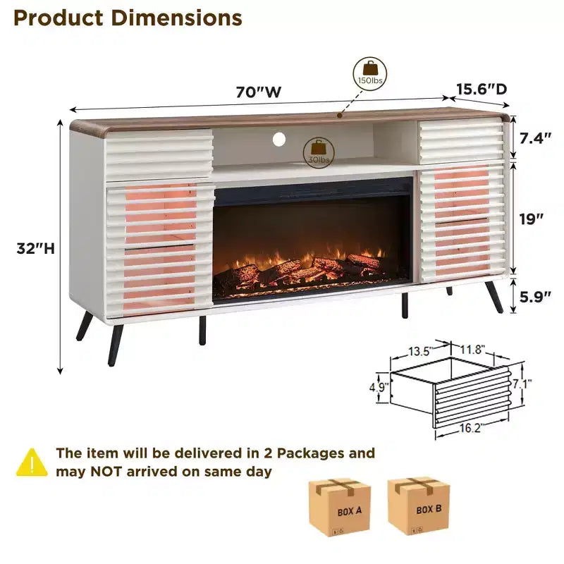 Meuble TV cheminée SinCiDo 70, pour téléviseur de 80 pouces, avec cheminée électrique de 36 pouces, télécommande, flammes 3D et lumières LED, portes coulissantes à lattes, tiroirs