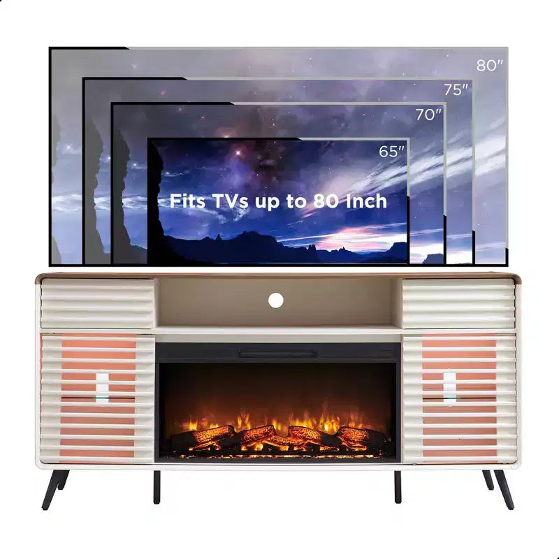 Meuble TV cheminée SinCiDo 70, pour téléviseur de 80 pouces, avec cheminée électrique de 36 pouces, télécommande, flammes 3D et lumières LED, portes coulissantes à lattes, tiroirs