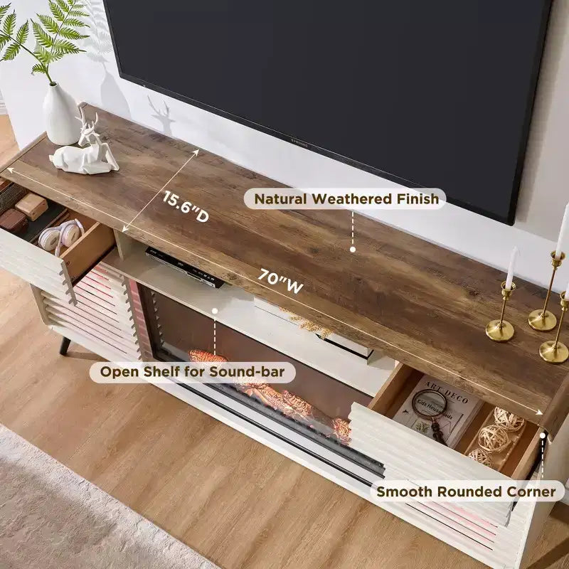 Meuble TV cheminée SinCiDo 70, pour téléviseur de 80 pouces, avec cheminée électrique de 36 pouces, télécommande, flammes 3D et lumières LED, portes coulissantes à lattes, tiroirs
