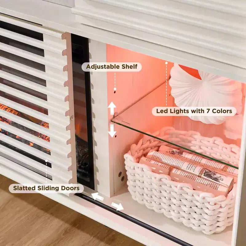 Meuble TV cheminée SinCiDo 70, pour téléviseur de 80 pouces, avec cheminée électrique de 36 pouces, télécommande, flammes 3D et lumières LED, portes coulissantes à lattes, tiroirs