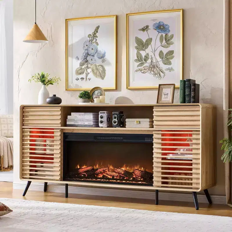 Meuble TV cheminée SinCiDo 70, pour téléviseur de 80 pouces, avec cheminée électrique de 36 pouces, télécommande, flammes 3D et lumières LED, portes coulissantes à lattes, tiroirs