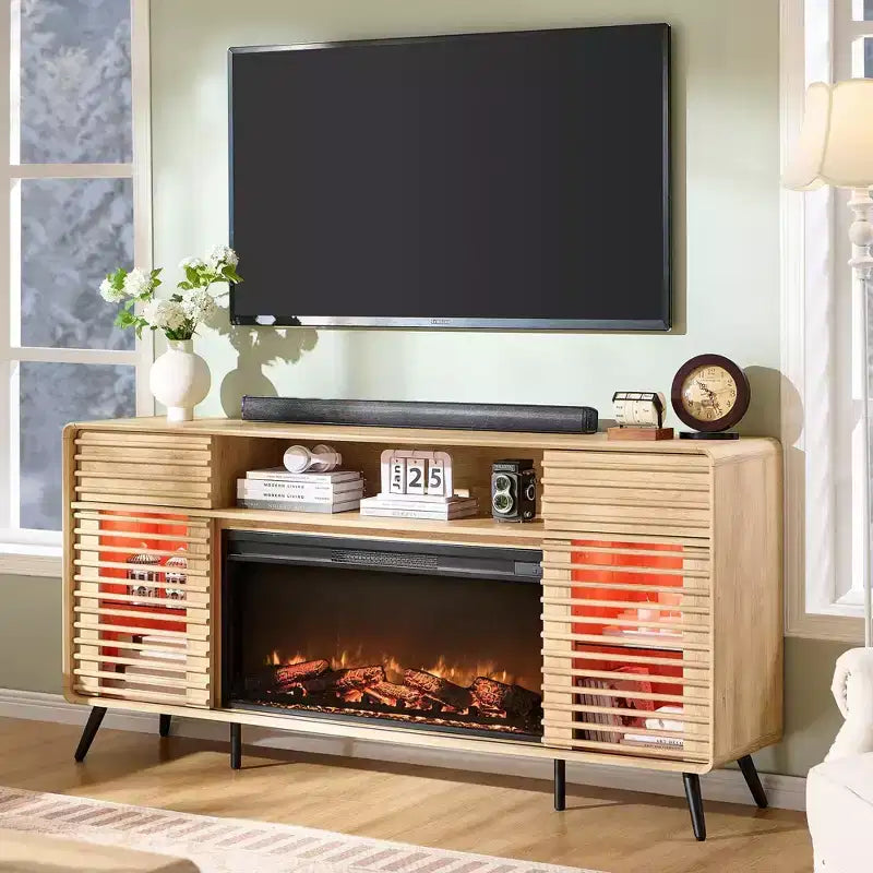 Meuble TV cheminée SinCiDo 70, pour téléviseur de 80 pouces, avec cheminée électrique de 36 pouces, télécommande, flammes 3D et lumières LED, portes coulissantes à lattes, tiroirs