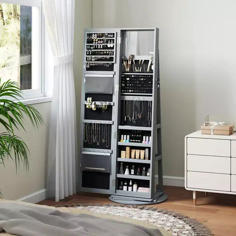 HOMCOM Armoire à bijoux avec miroir, rotative à 360°, psyché, étagères de rangement, petit miroir intérieur, pour chambre et salon