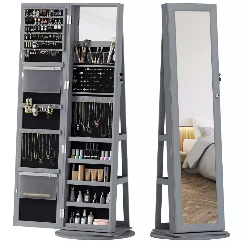 HOMCOM Armoire à bijoux avec miroir, rotative à 360°, psyché, étagères de rangement, petit miroir intérieur, pour chambre et salon