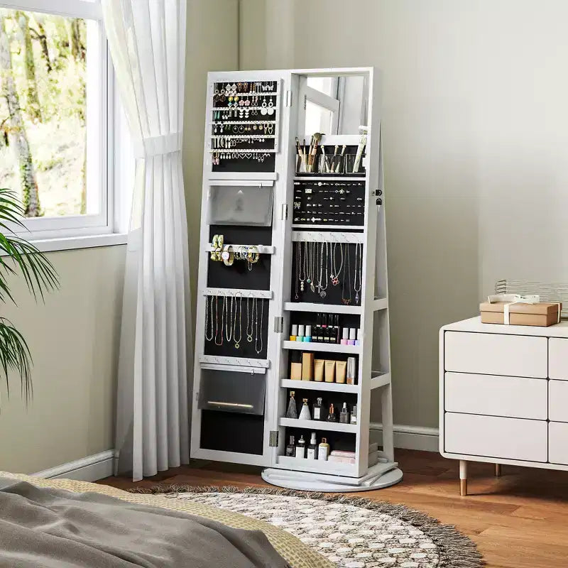 HOMCOM Armoire à bijoux avec miroir, rotative à 360°, psyché, étagères de rangement, petit miroir intérieur, pour chambre et salon