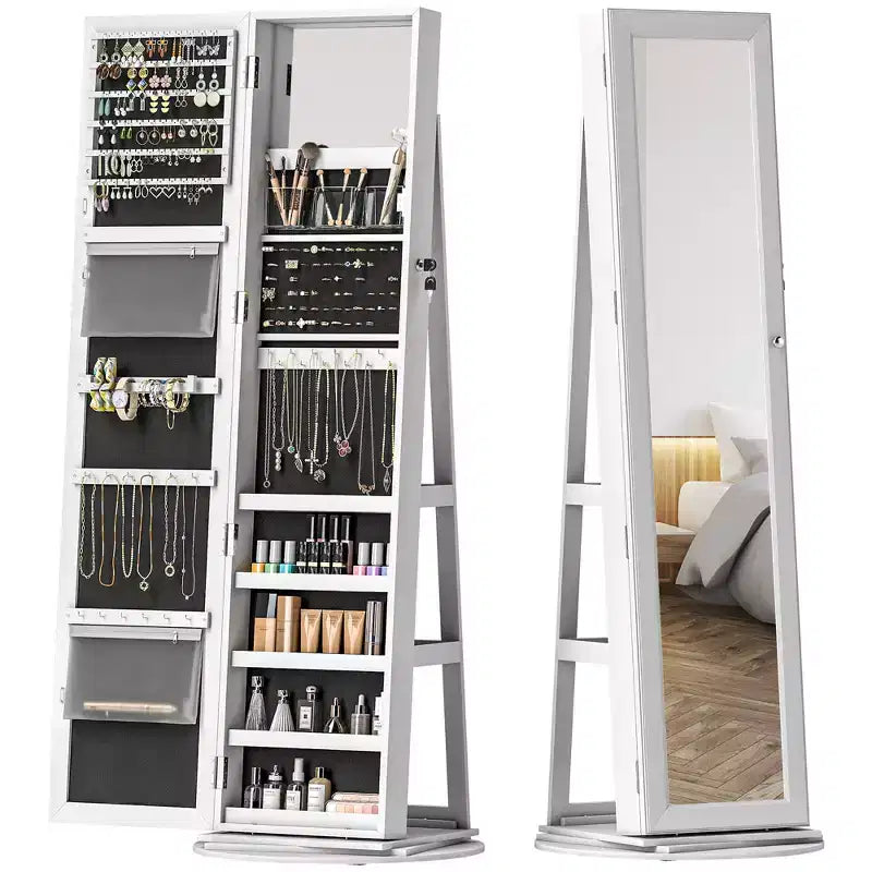HOMCOM Armoire à bijoux avec miroir, rotative à 360°, psyché, étagères de rangement, petit miroir intérieur, pour chambre et salon